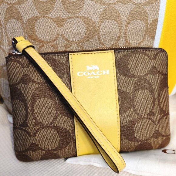 Coach Signature C Stripe Tote & Wristlet in Yellow Double Bundle, EUC - Picture 3 of 15